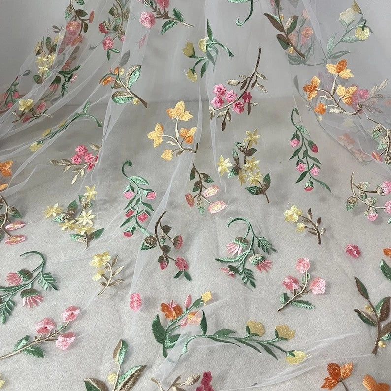 Multicolor Embroidery Floral Colorful Tulle Fabric for Bridal Veil Wedding Dress (1M)