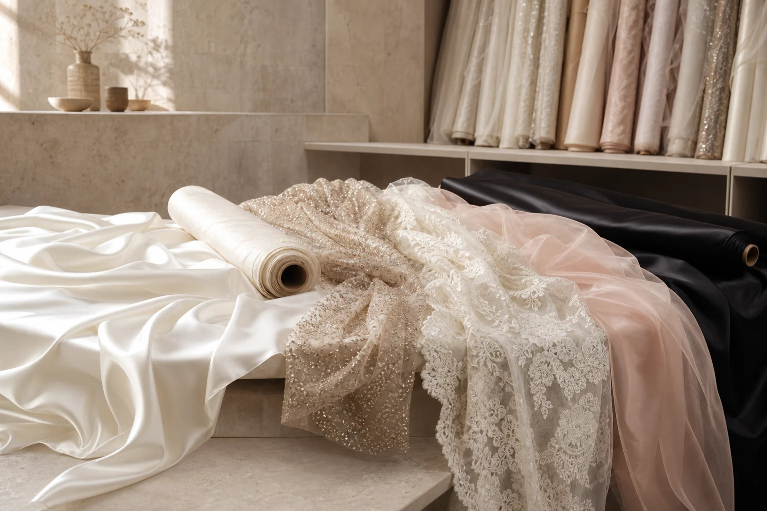 Luxury dress fabrics arranged in a refined textile atelier