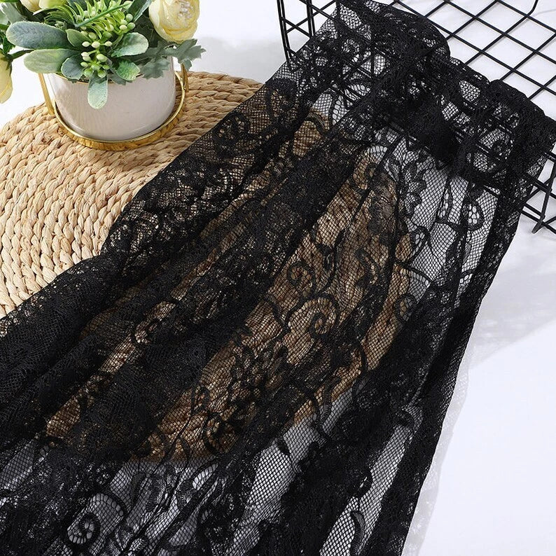 Romantic Peony Flower Lace Fabric Floral Embroidery Tulle Lace for Wedding Dress - Black (1M)
