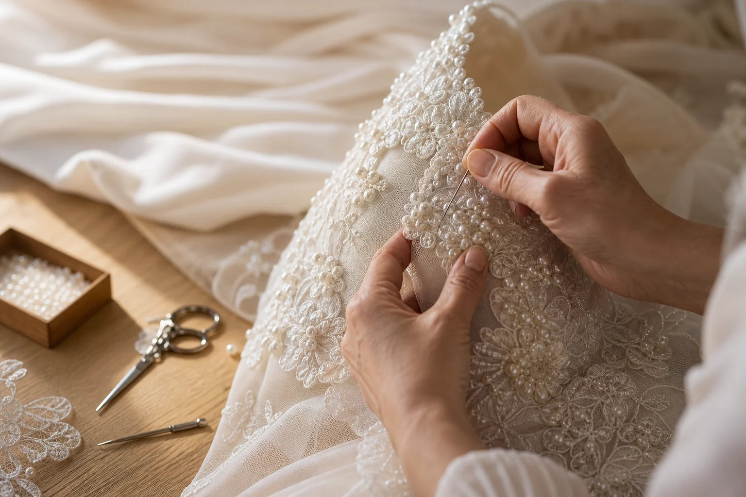 Couture artisan applying pearl beadwork by hand